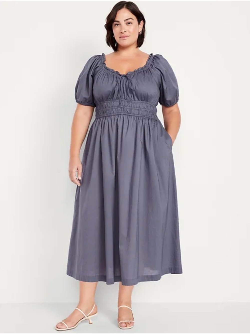 Old Navy Smocked Waist Puff Sleeve Midi Dress in Slate Gray